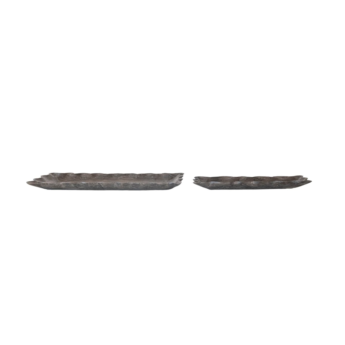 Mango Wood Scalloped Trays, Distressed Black, Set of 2