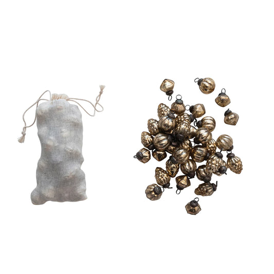 Antique Gold Glass Ornaments in Muslin Bag, Set of 36