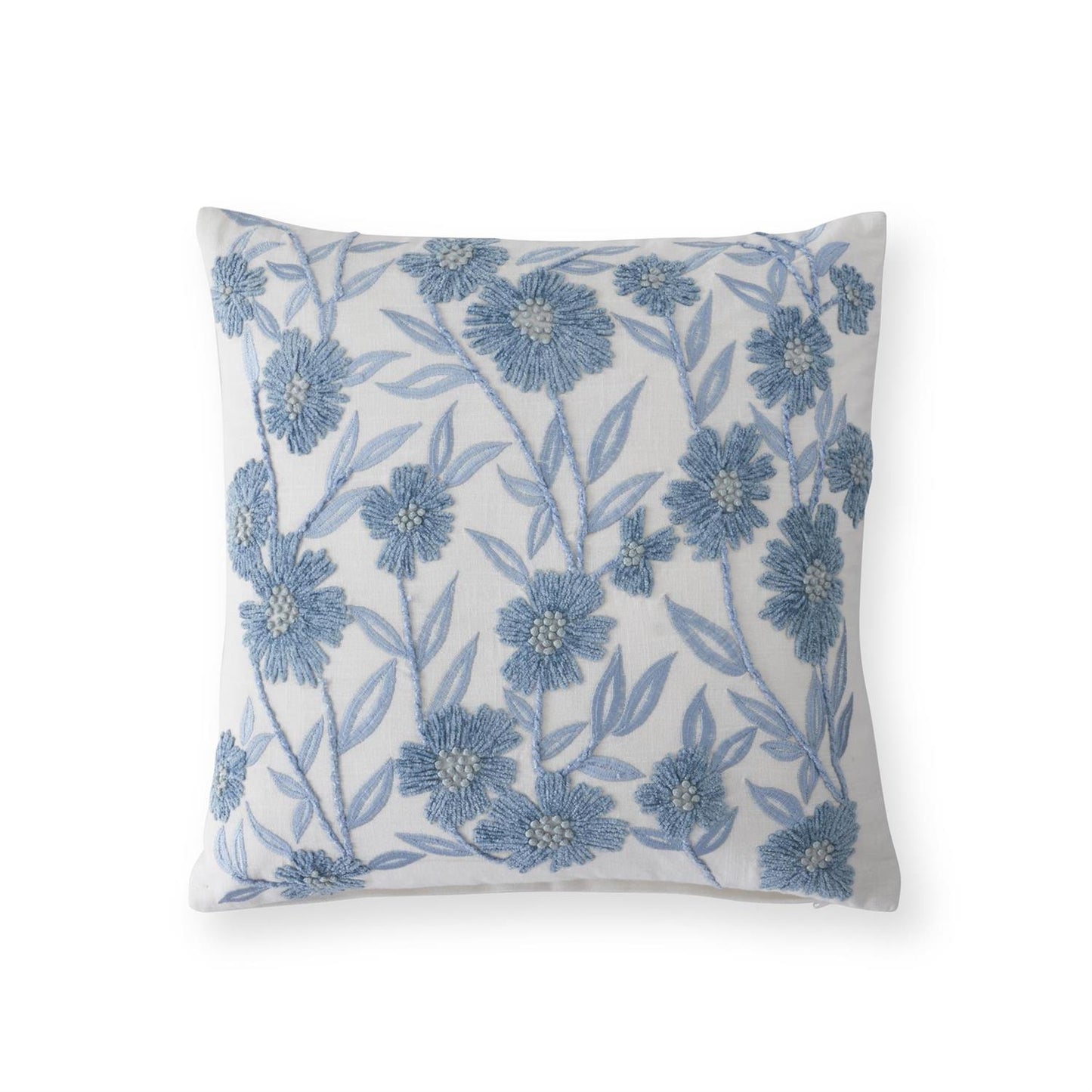 SQUARE WHITE LINEN & BLUE EMBROIDERED FLORAL PILLOW