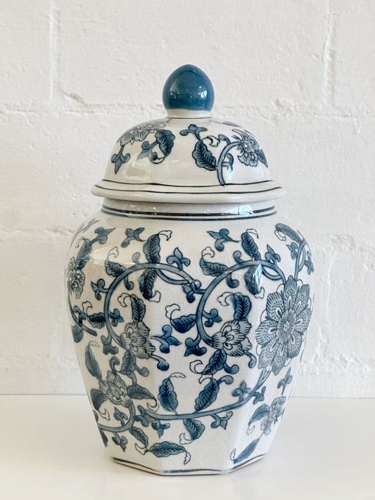 BLUE FLORAL GINGER JAR W/LID