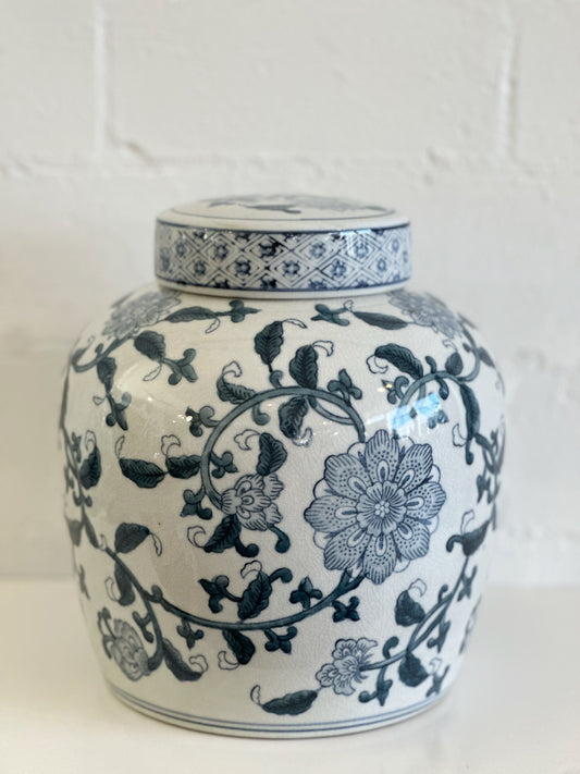 BLUE FLORAL GINGER JAR W/LID