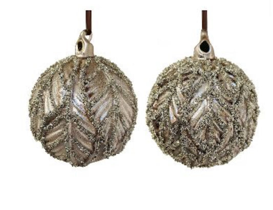 Pink Sugared Silver Glitter Glass Ball w/ Leaves Ornament