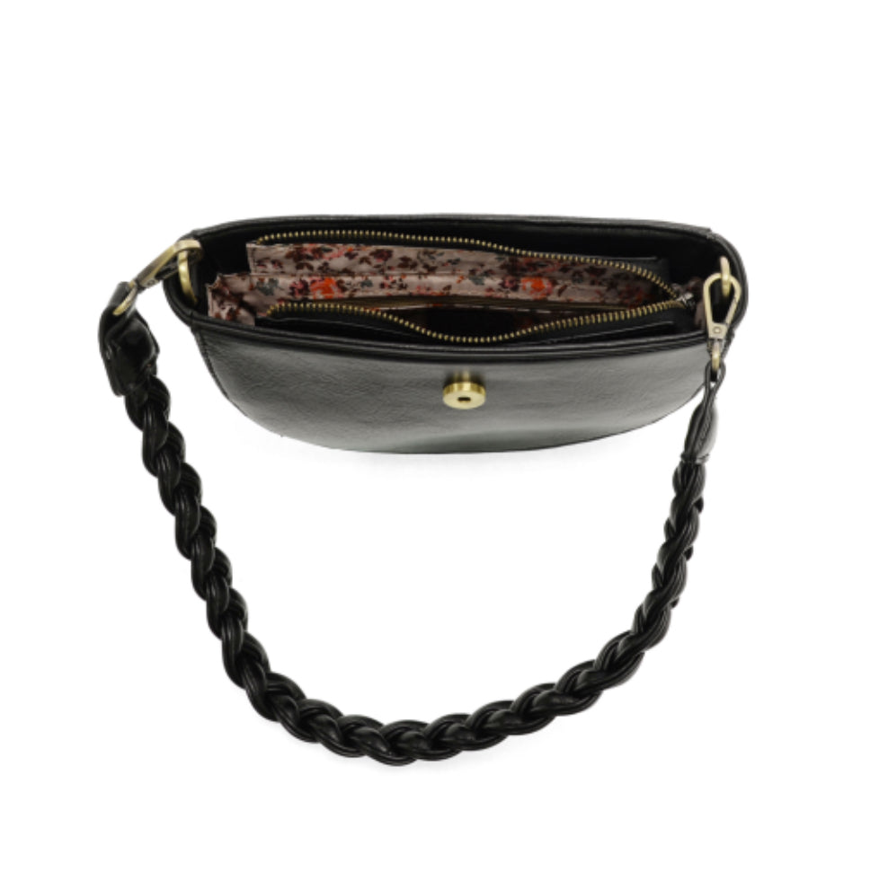 Black Linda Crescent Crossbody w/Braided Strap