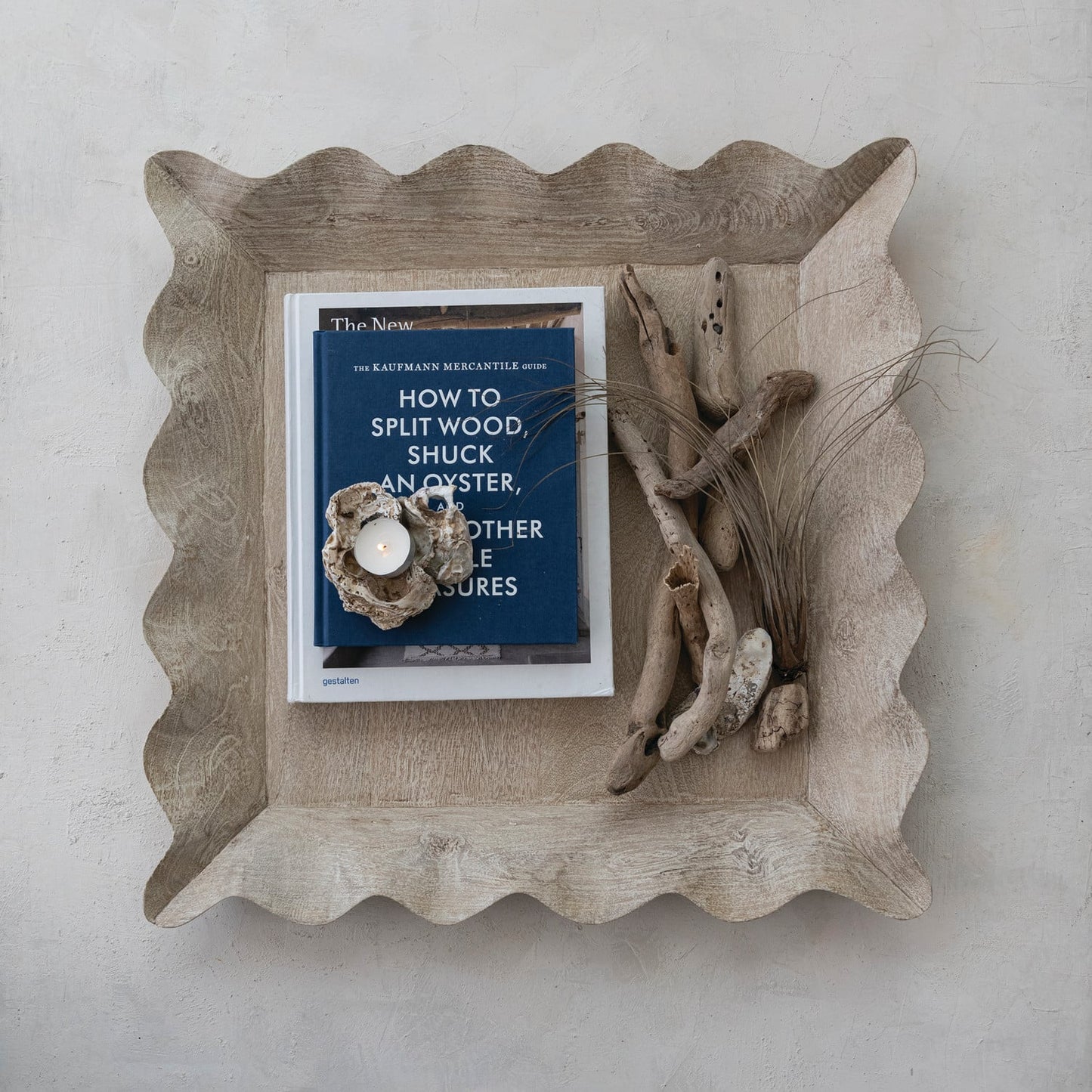 Mango Wood Scalloped Tray, Whitewashed