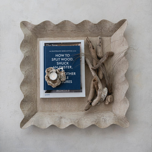 Mango Wood Scalloped Tray, Whitewashed