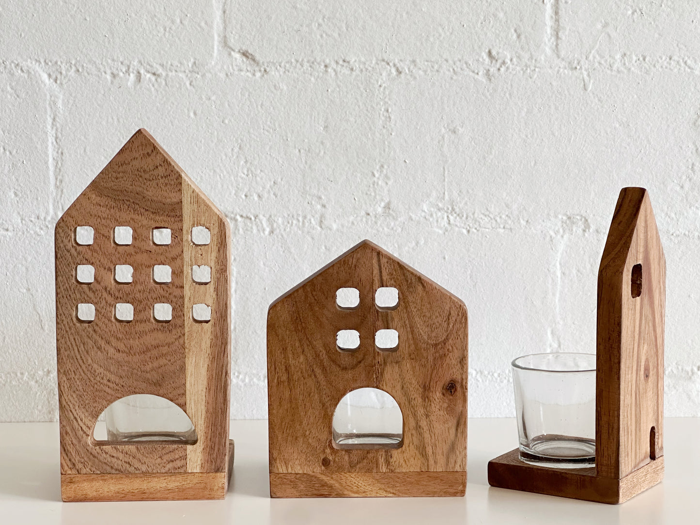 Wood Deco House w/Glass votive holder