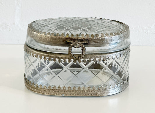 Oval Silver & Glass Etched Jewelry Box