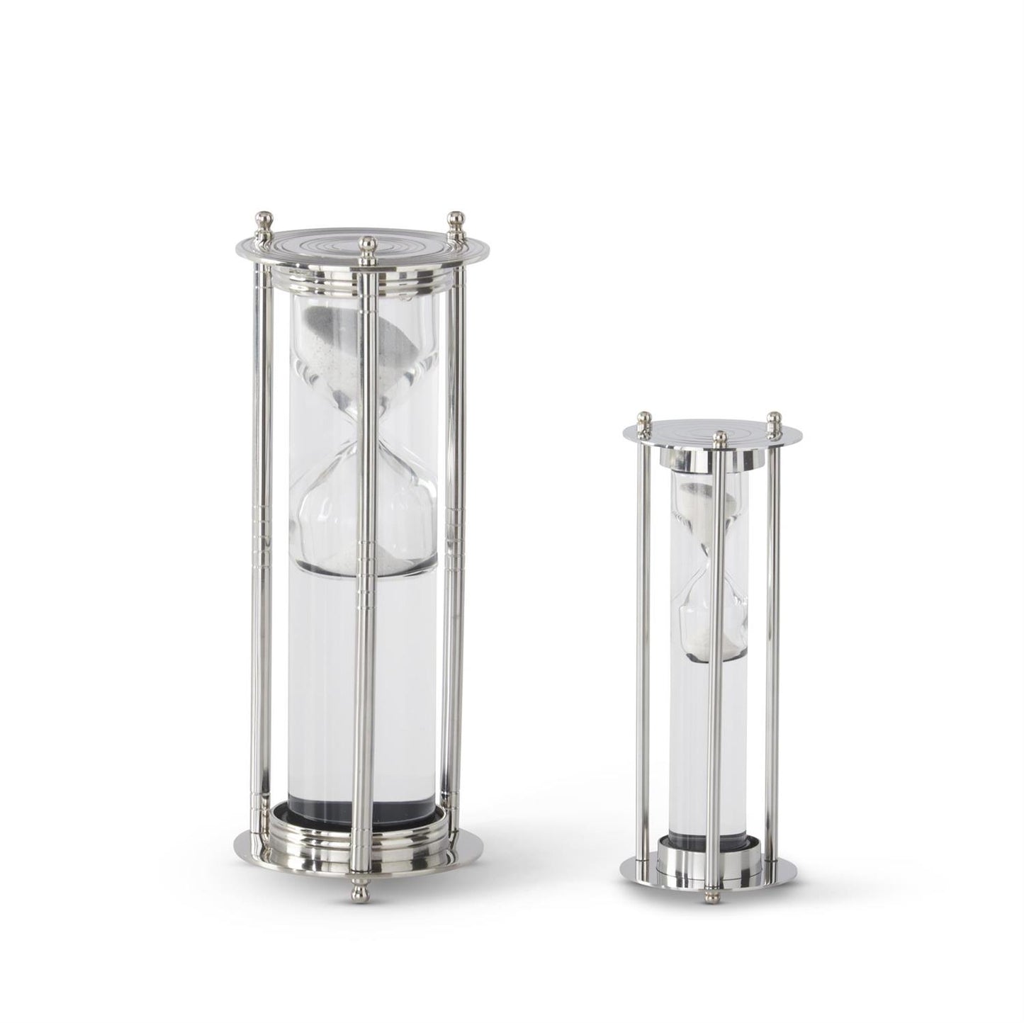 SILVER METAL & CLEAR GLASS LIQUID & SAND HOURGLASS