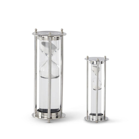 SILVER METAL & CLEAR GLASS LIQUID & SAND HOURGLASS