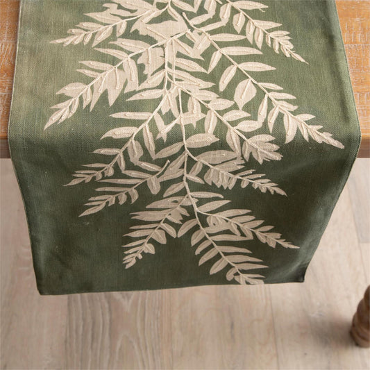 Table Runner - Embroidered Leafy Green