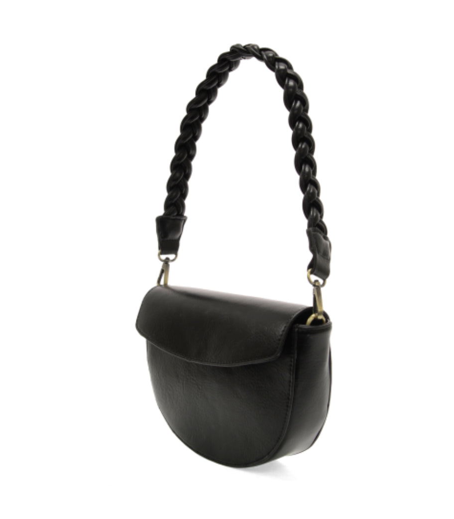 Black Linda Crescent Crossbody w/Braided Strap