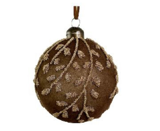 Brown Velvet w/Gold Beads Branch Glass Ball Ornament