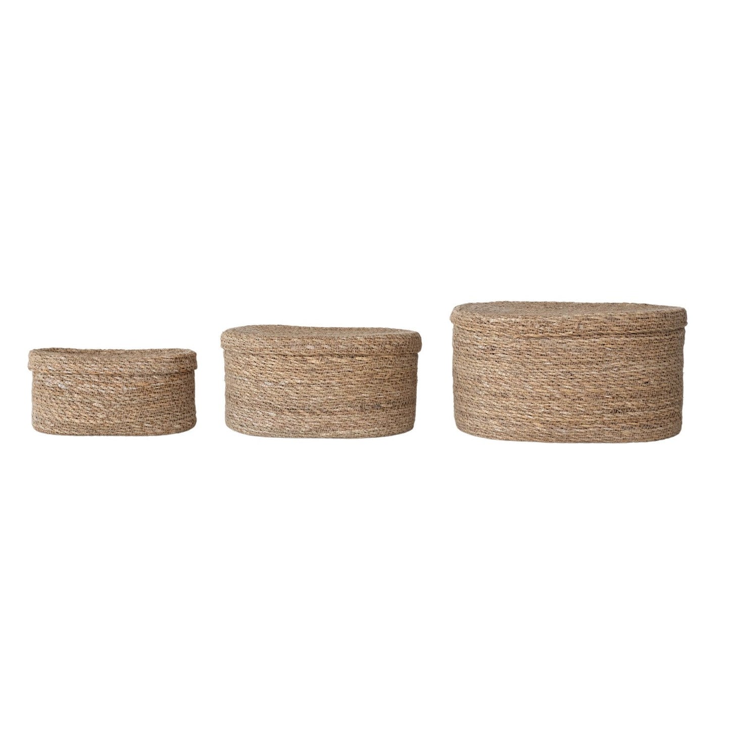 Oval Hand-Woven Seagrass Baskets with Lids, Set of 3