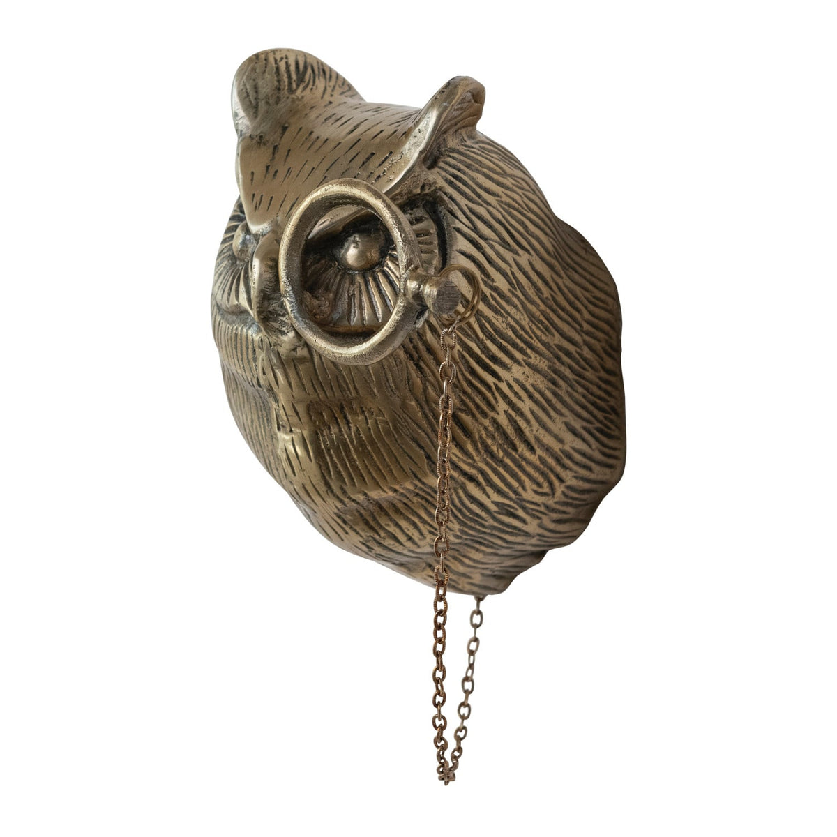 Cast Aluminum Owl Head with Monocle Wall Decor, Antique Brass Finish