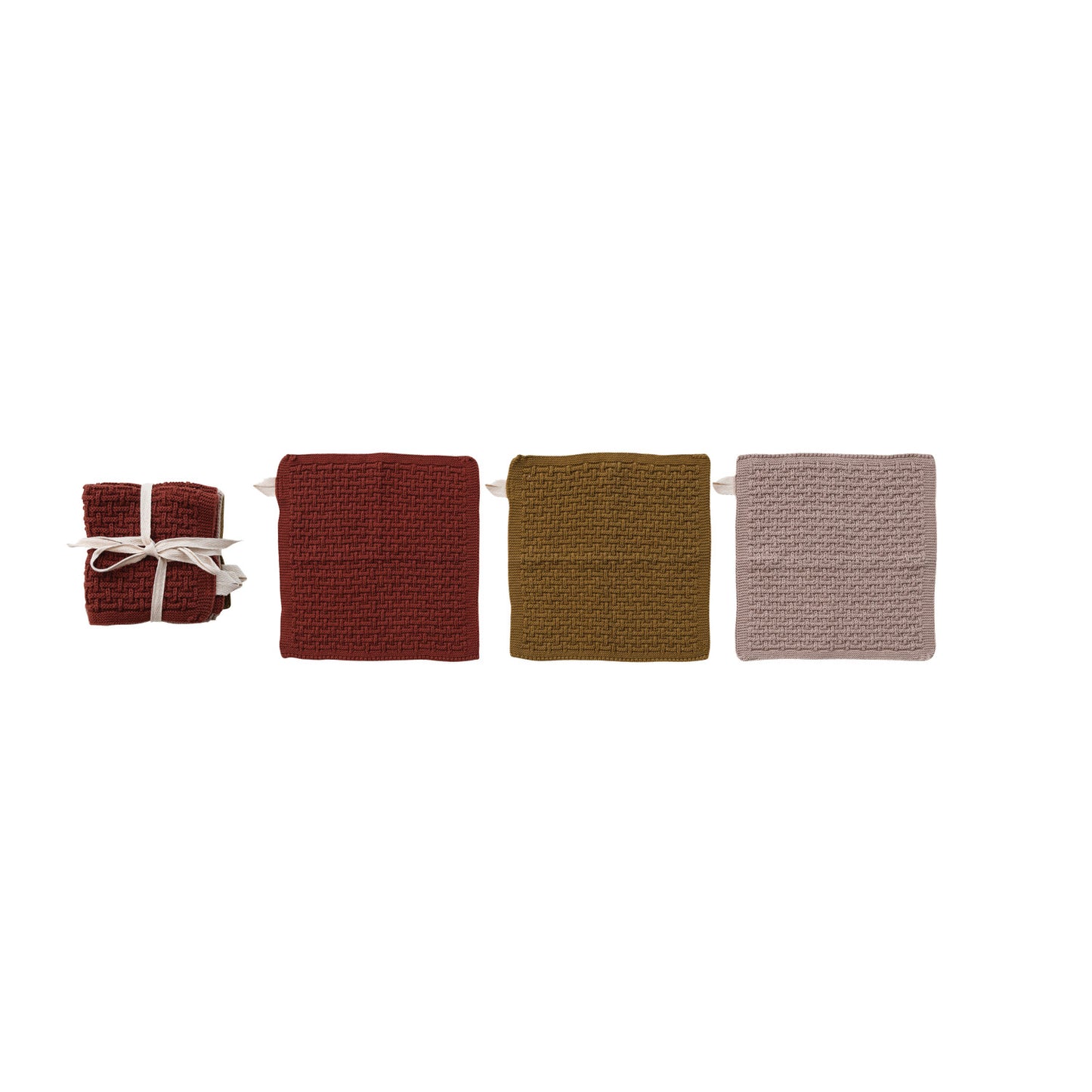 Cotton Knit Dish Cloths, Set of 3 Tied with Cotton Tape
