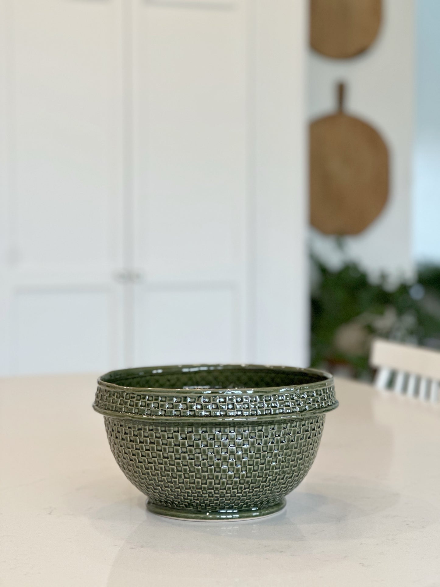 Stoneware Basket Weave Bowl, Green (Each One Will Vary)