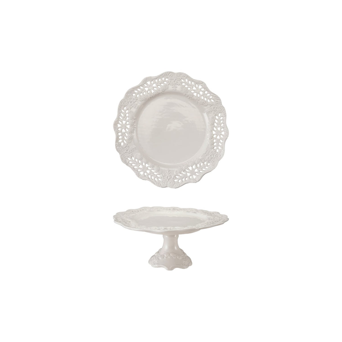 Stoneware Scalloped Pedestal with Pierced Lace Pattern, White Small