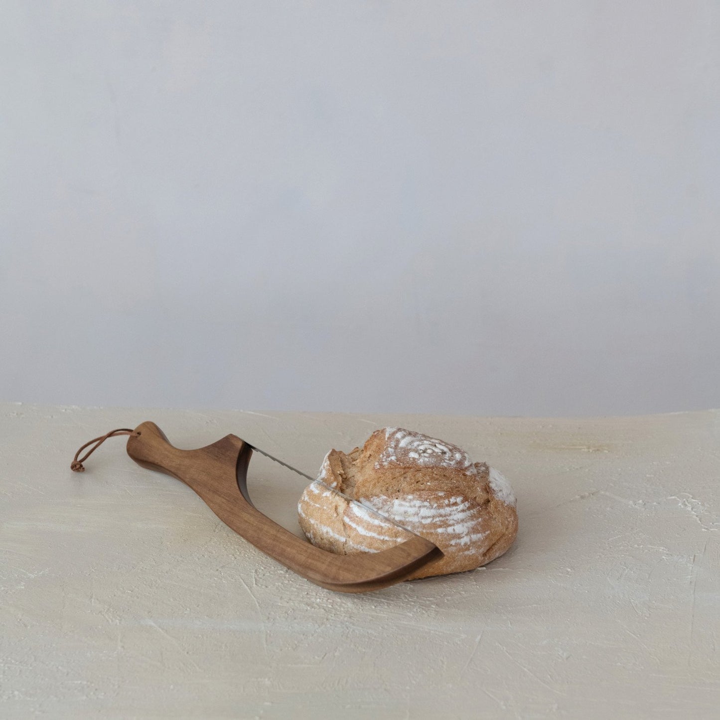 Wood Bread Bow Knife w/ Stainless Steel Blade & Faux Leather Tie