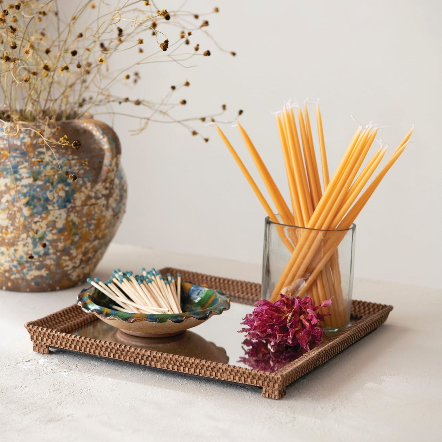 Decorative Resin Mirrored Footed Tray with Woven Design, Brown