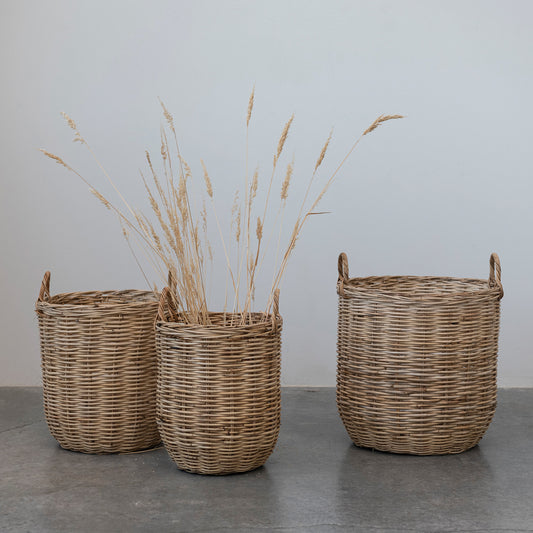 Hand-Woven Rattan Baskets w/ Handles, Natural