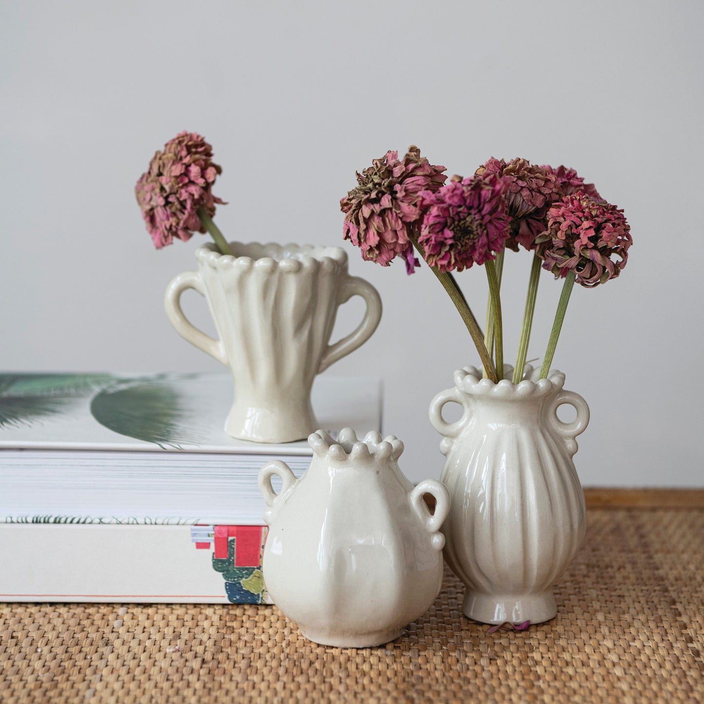 Stoneware Vase with Handles, Cream Color, 3 Styles