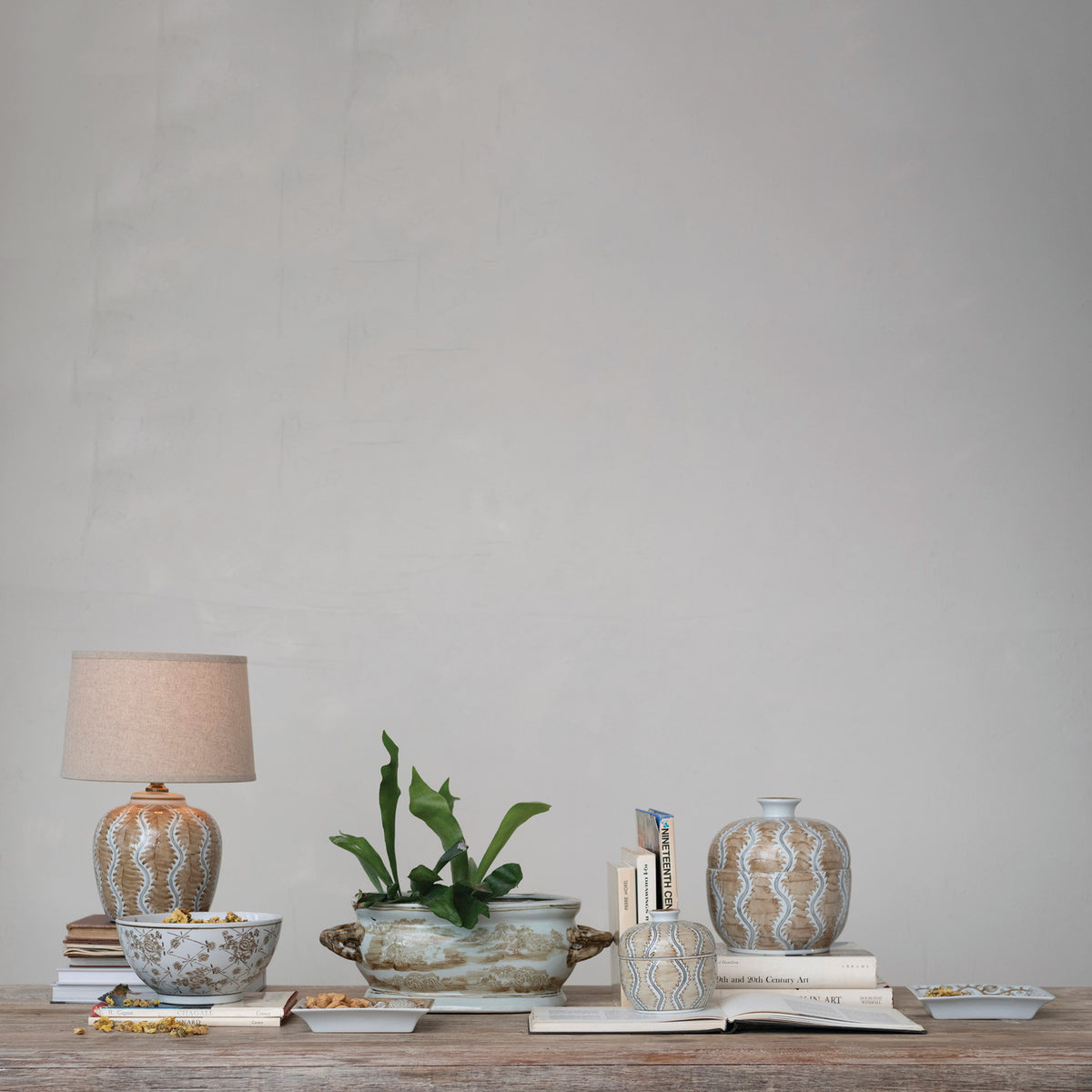 Decorative Hand-Painted Stoneware Dish with Botanicals
