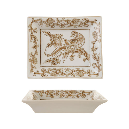 Decorative Hand-Painted Stoneware Dish with Bird & Botanicals