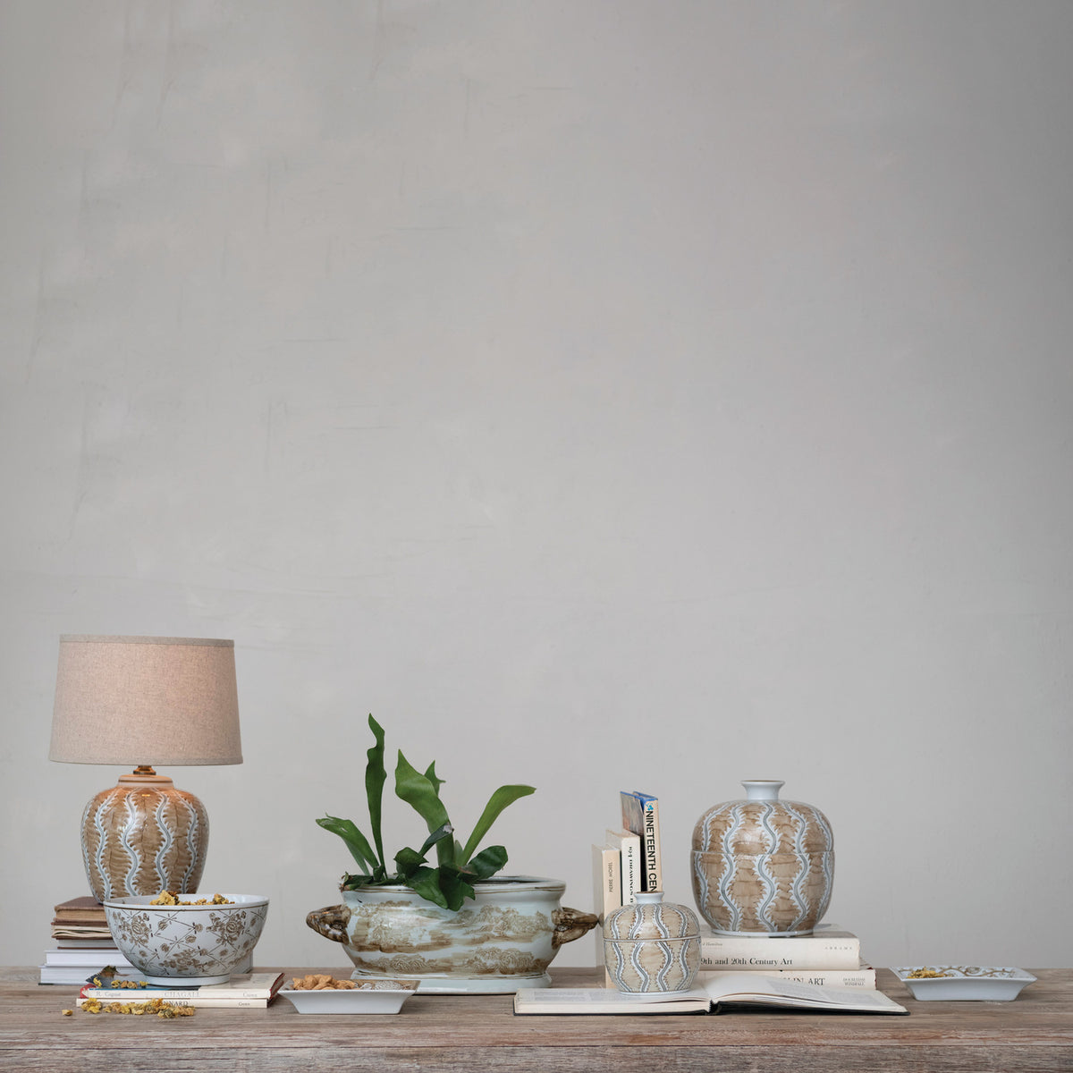 Decorative Hand-Painted Stoneware Dish with Bird & Botanicals