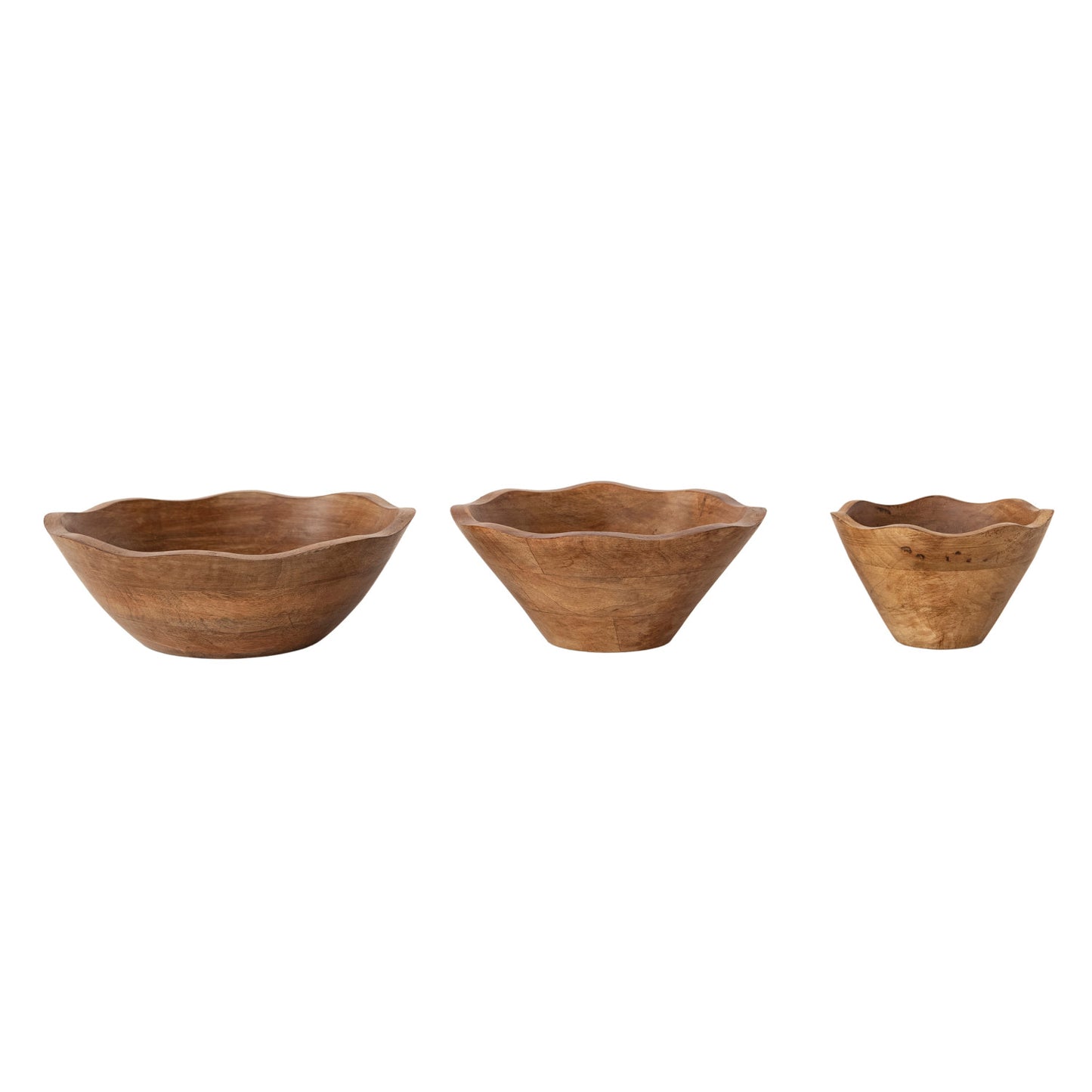Hand-Carved Mango Wood Scalloped Bowls, Set of 3