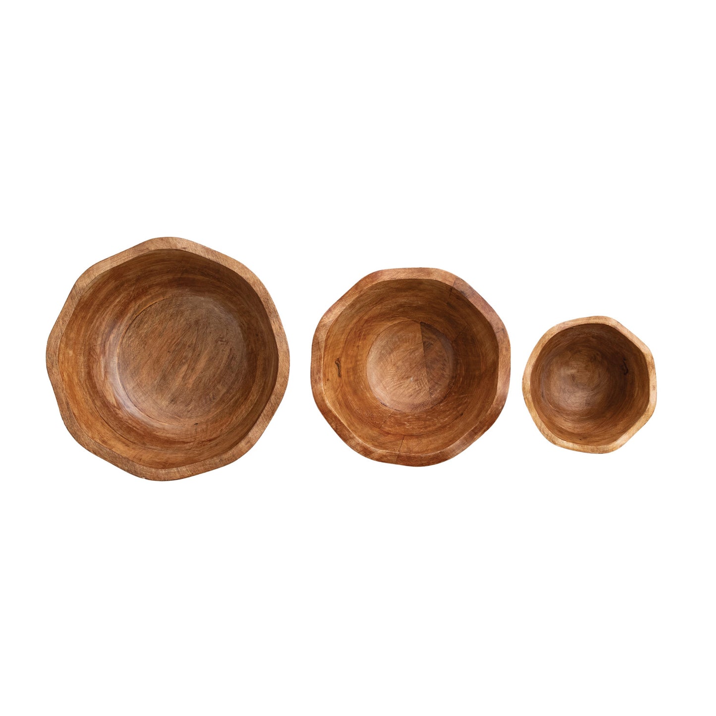 Hand-Carved Mango Wood Scalloped Bowls, Set of 3