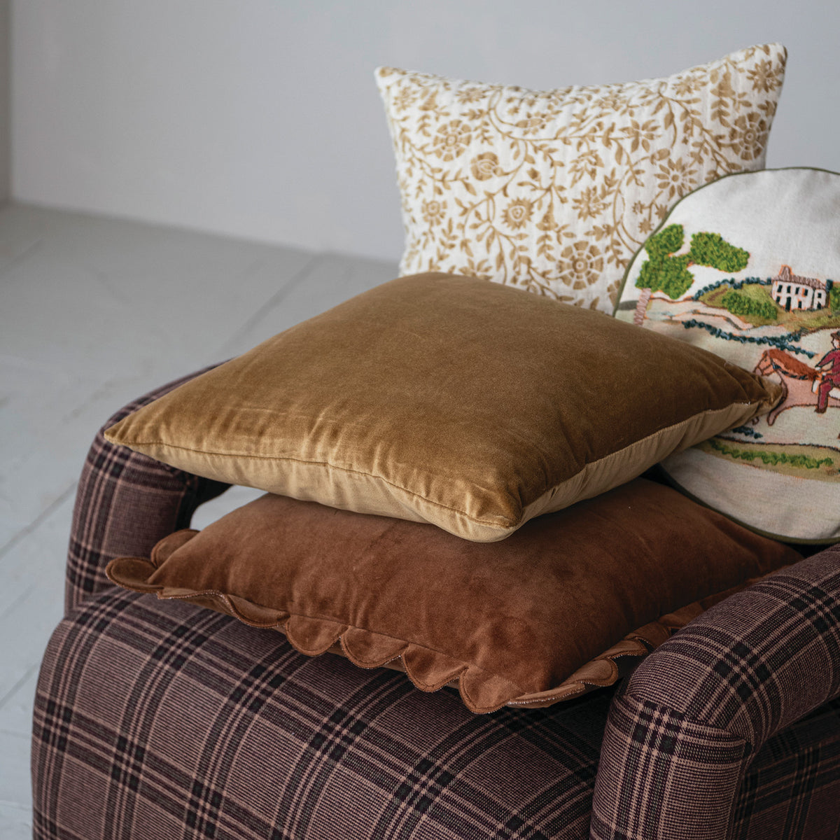 18" Square Cotton Printed Pillow with Kantha Stitch