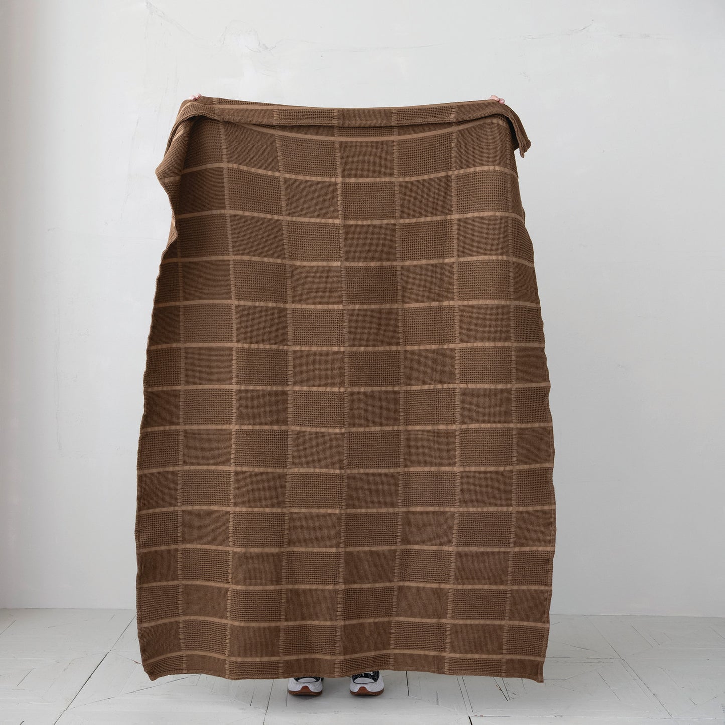 60"L x 50"W Cotton Waffle Weave Throw with Grid Pattern, Brown
