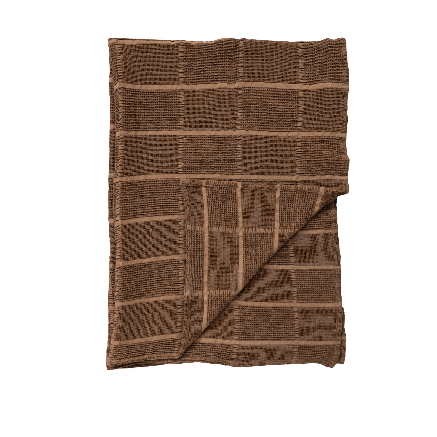 60"L x 50"W Cotton Waffle Weave Throw with Grid Pattern, Brown