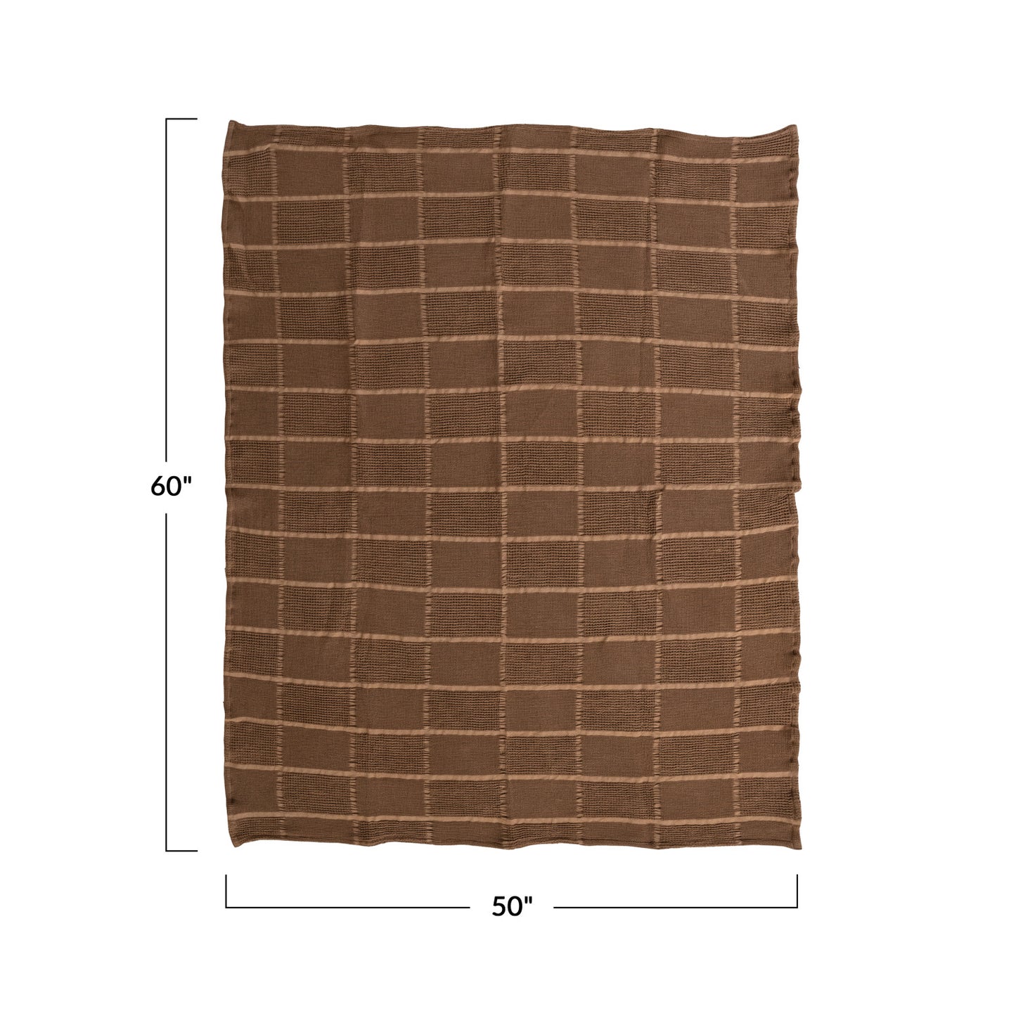 60"L x 50"W Cotton Waffle Weave Throw with Grid Pattern, Brown