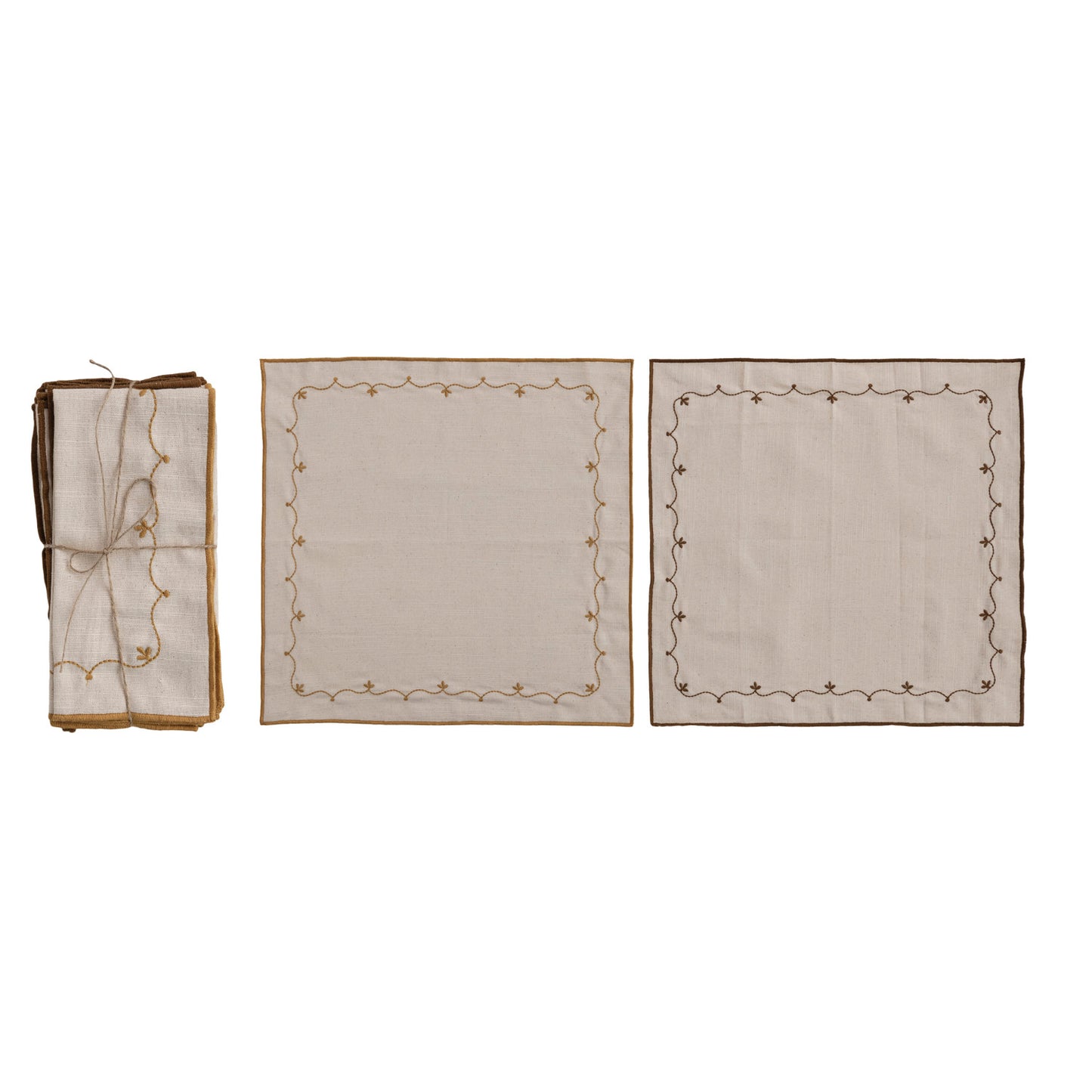 Cotton Napkins with Floral Embroidery, Set of 4 Tied with Jute