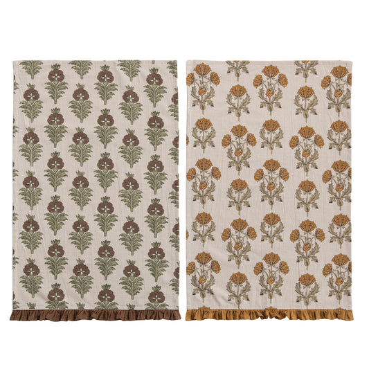 Cotton Printed Tea Towel with Flower Pattern & Ruffle, 2 Styles