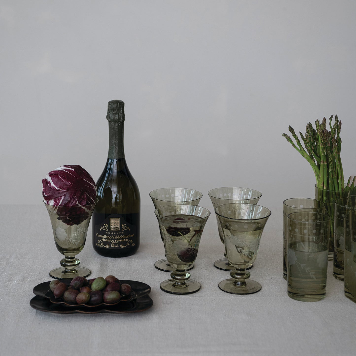 8 oz. Stemmed Wine Glass with Etched Botanicals, Green
