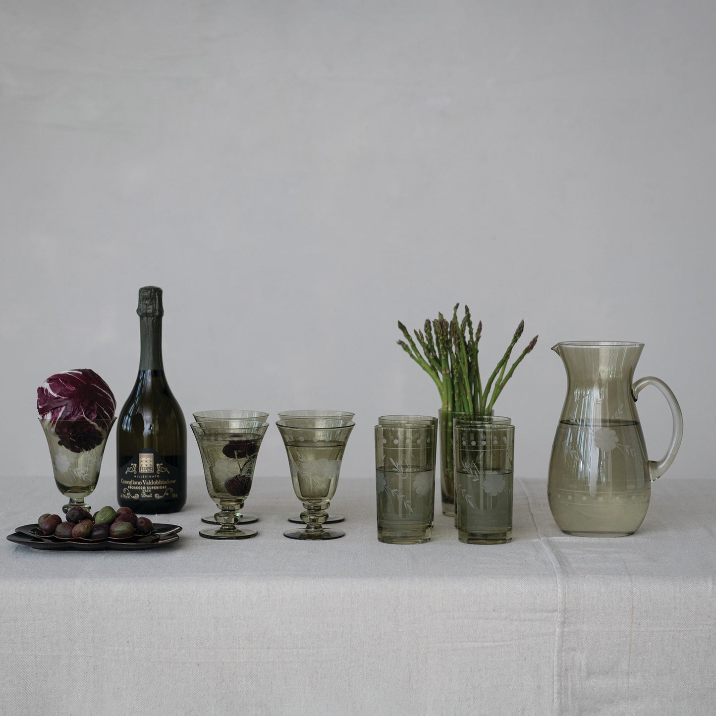 8 oz. Stemmed Wine Glass with Etched Botanicals, Green