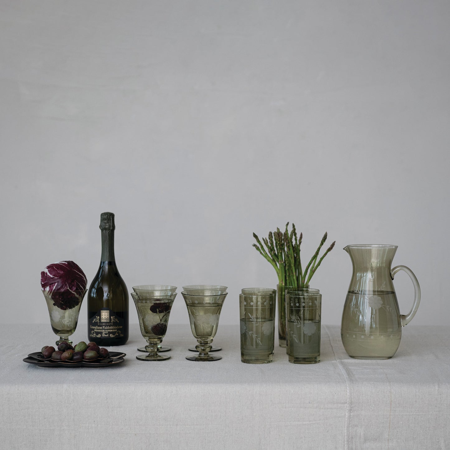 14 oz. Drinking Glass with Etched Botanicals, Green