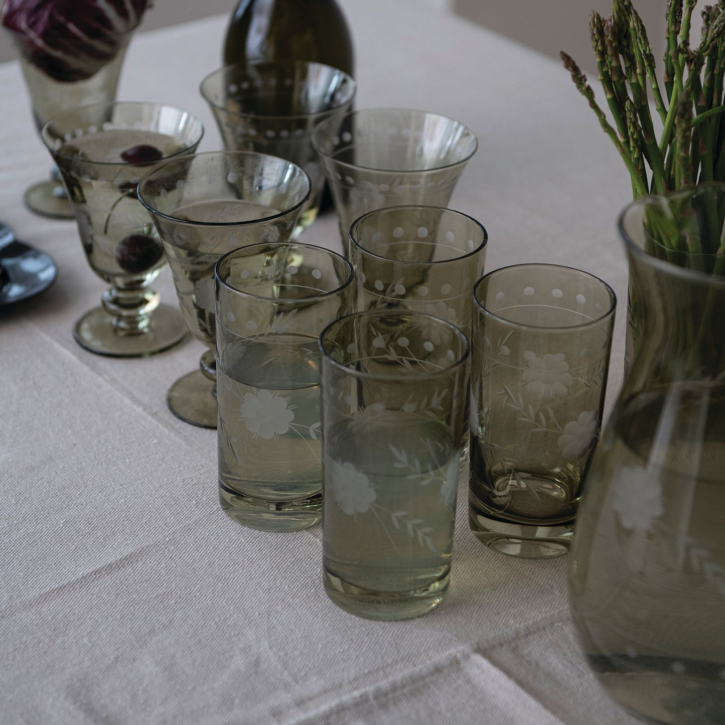 14 oz. Drinking Glass with Etched Botanicals, Green