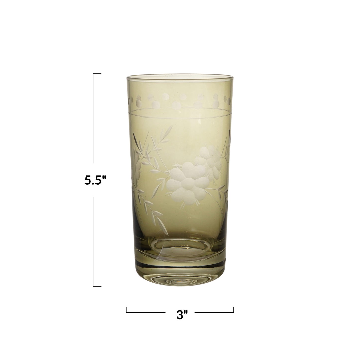 14 oz. Drinking Glass with Etched Botanicals, Green