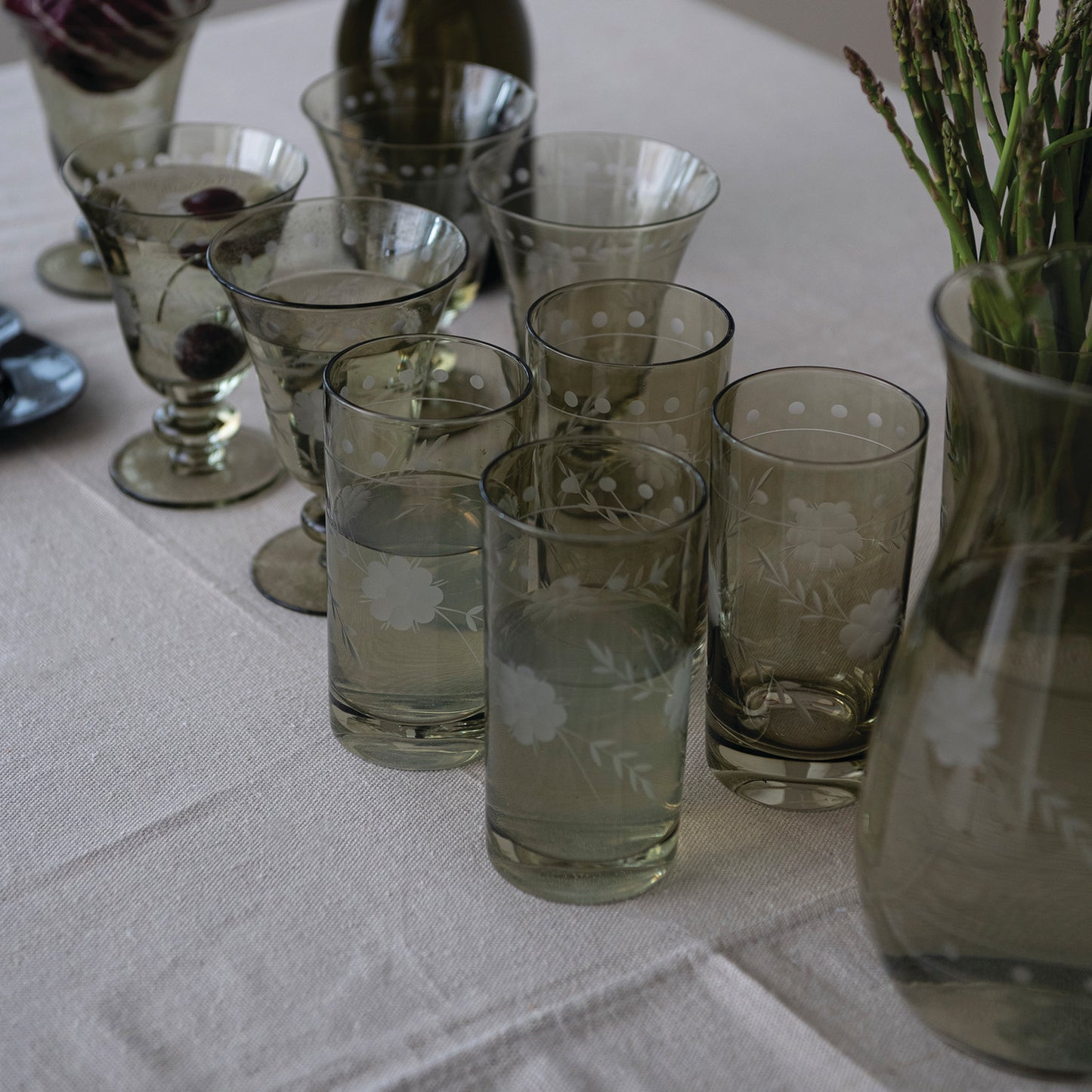 54 oz. Glass Pitcher with Etched Botanicals, Green