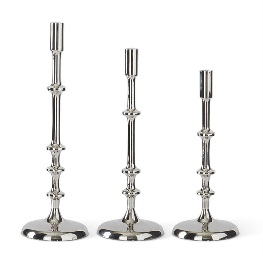 SILVER METAL RIBBED TAPER CANDLEHOLDERS