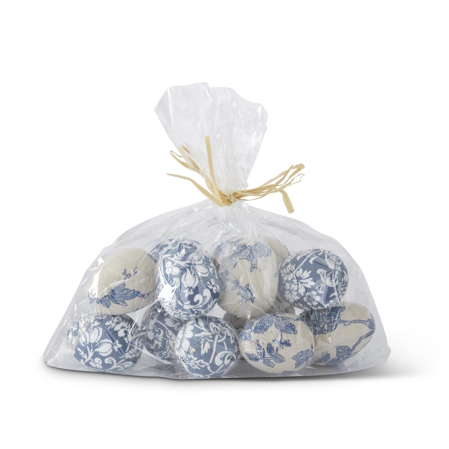 Assorted 2 Inch Blue & White Floral Fabric Eggs in Polybag (12 Egg