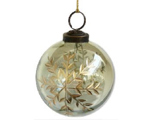 Glass Green Ball Ornament  Lustered Gold Snowflake