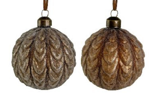 Brown Antique Iced Leaves Glass Ball Ornament