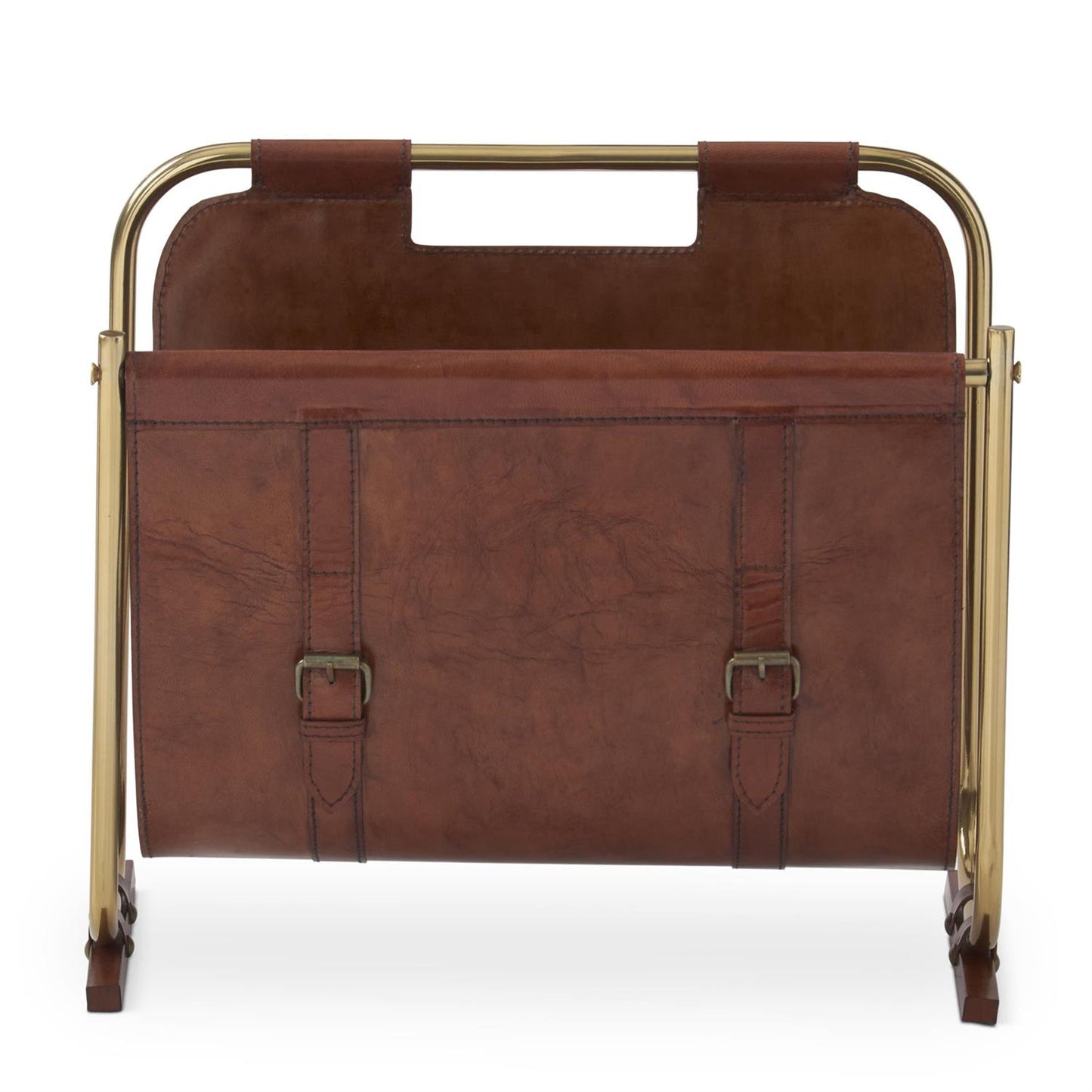 LEATHER MAGAZINE RACK W/BRASS ACCENTS