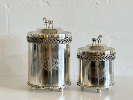 Antique Silver Style Braided Canister with Horse