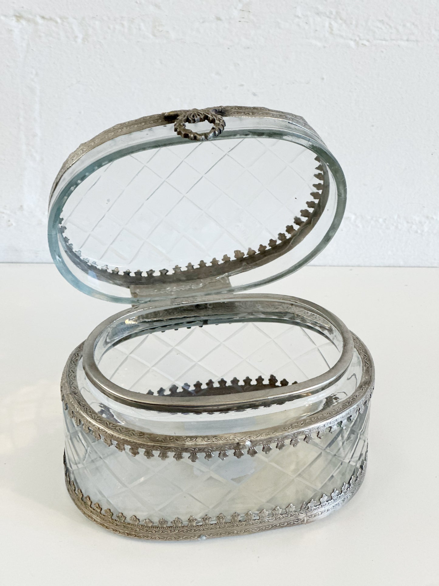Oval Silver & Glass Etched Jewelry Box