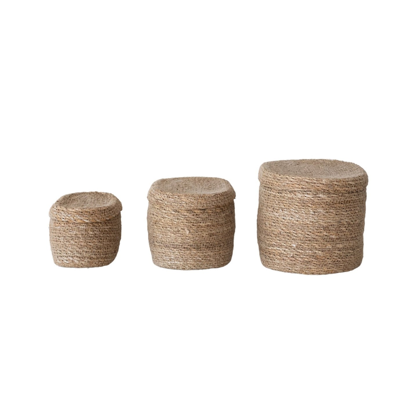 Oval Hand-Woven Seagrass Baskets with Lids, Set of 3